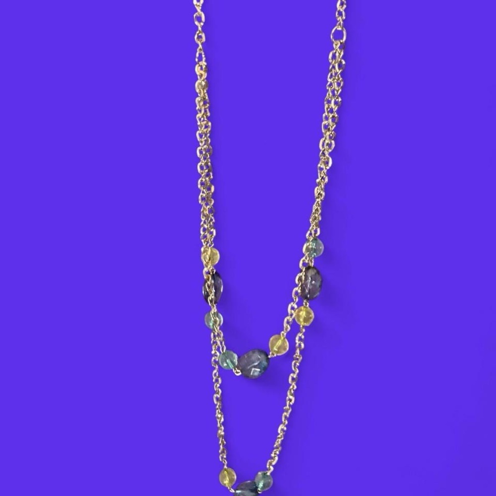 Silver tone beaded double layer necklace with white and blue beads